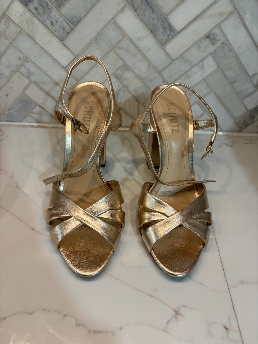 SCHUTZ Keefa Metallic Gold Strappy High Heel Sandals